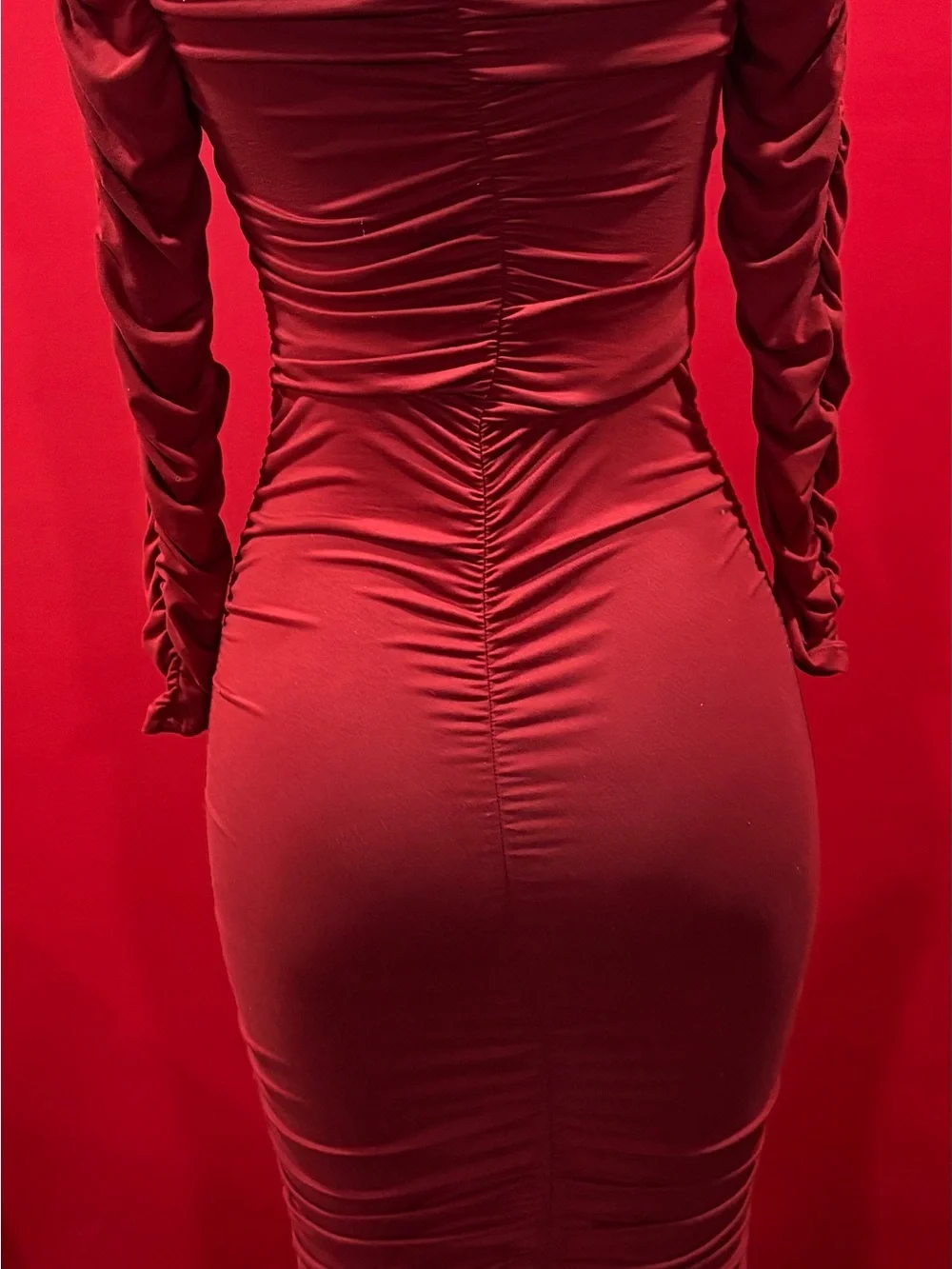 Ruched Midi Dress in Wine Red with Long Sleeves